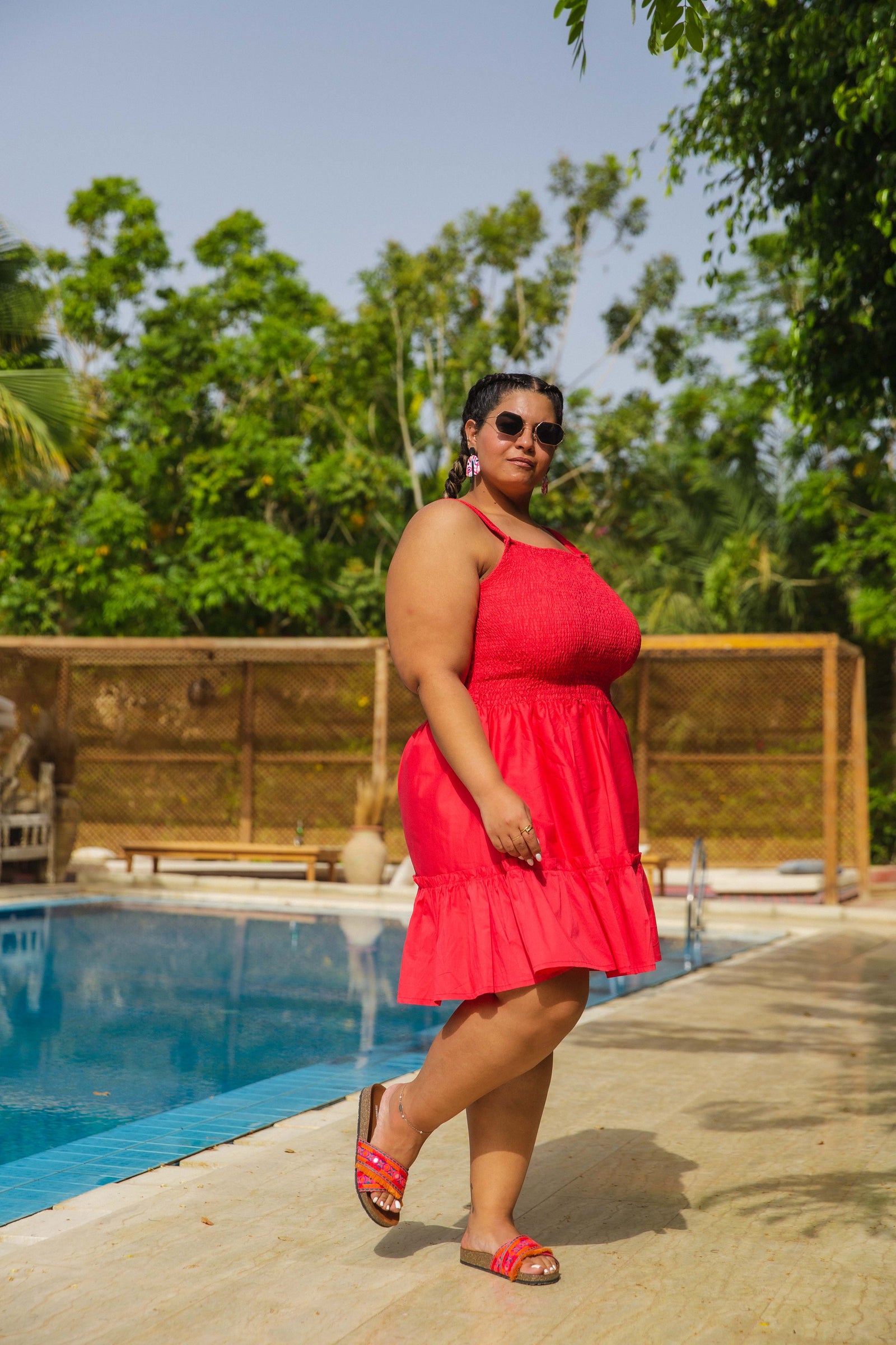 Smocked Poplin  Dress - Red