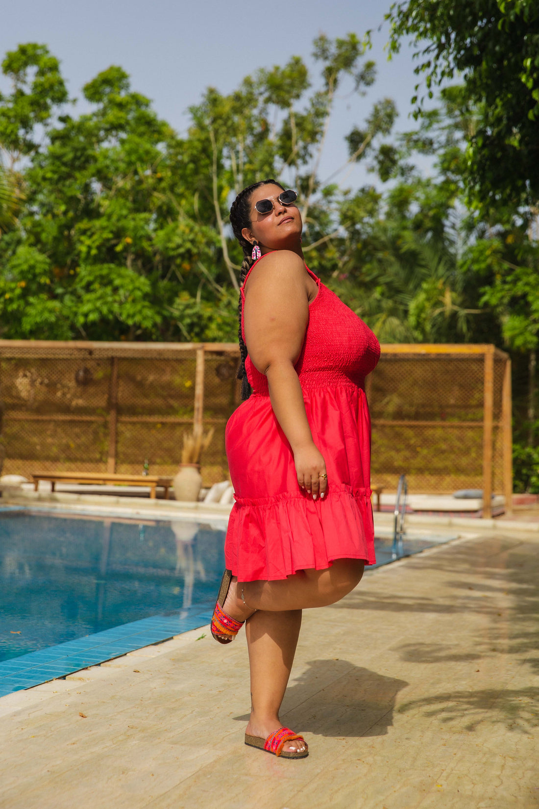 Smocked Poplin  Dress - Red