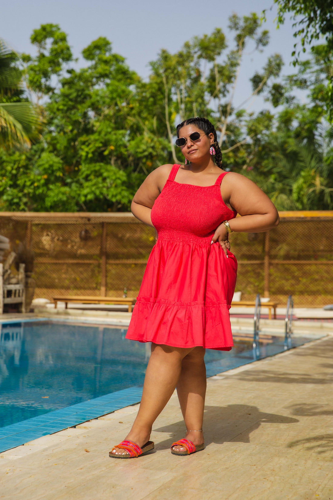 Smocked Poplin  Dress - Red