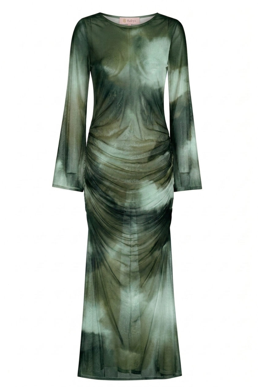Ombre Sage Tulle Ruched Dress