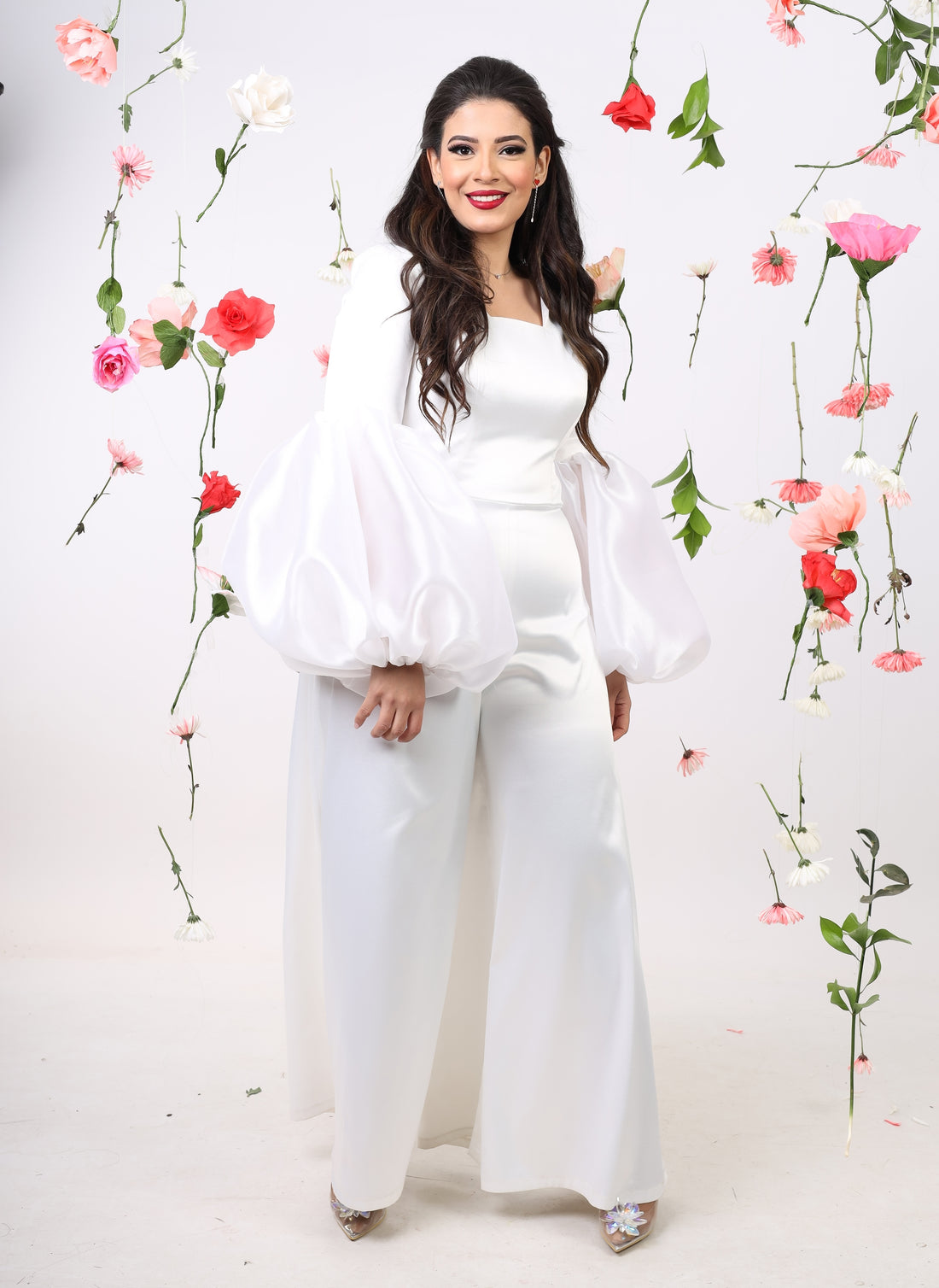Satin Jumpsuit with puff cuff - White