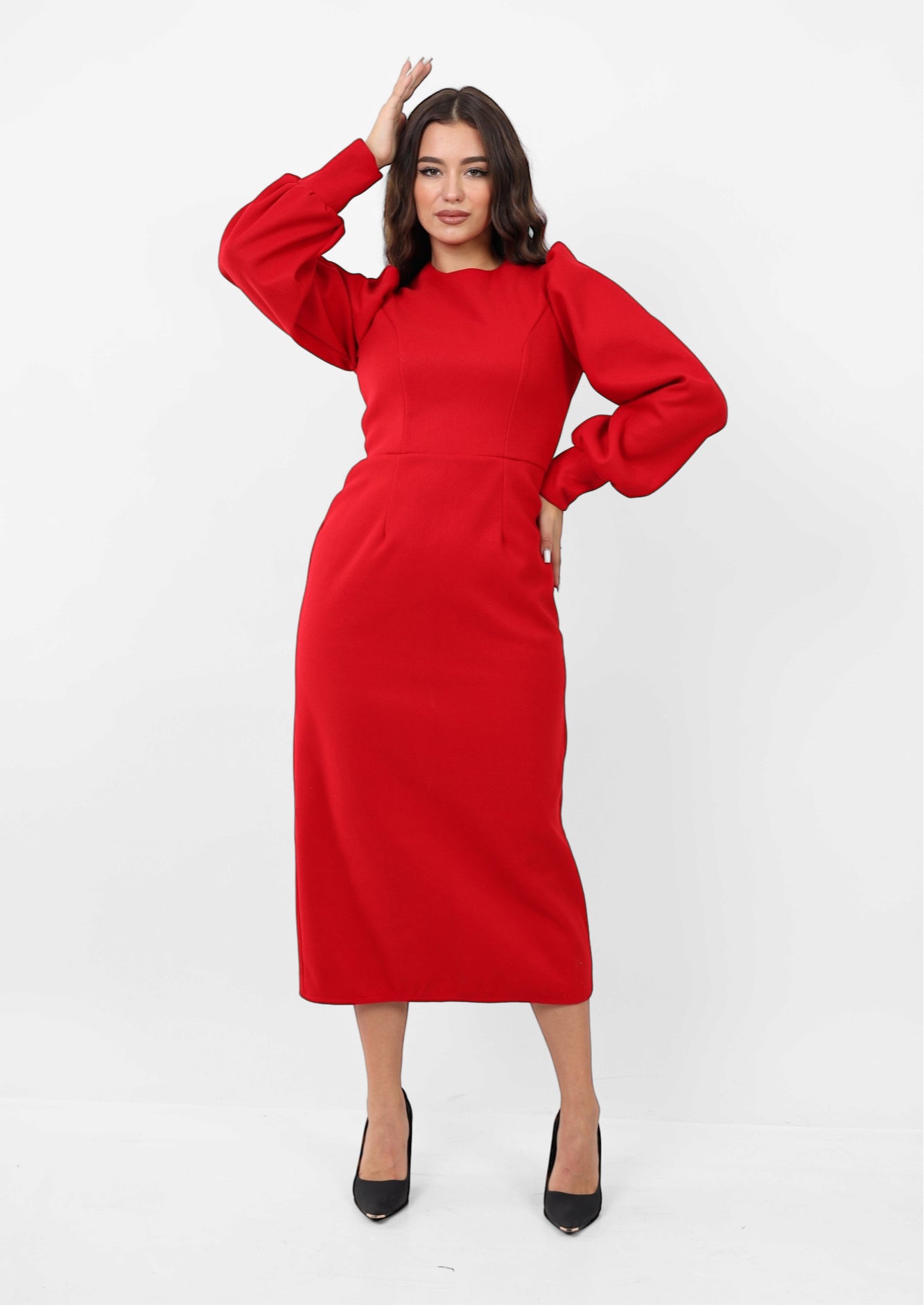 Mid calf Wool Dress With puff sleeves