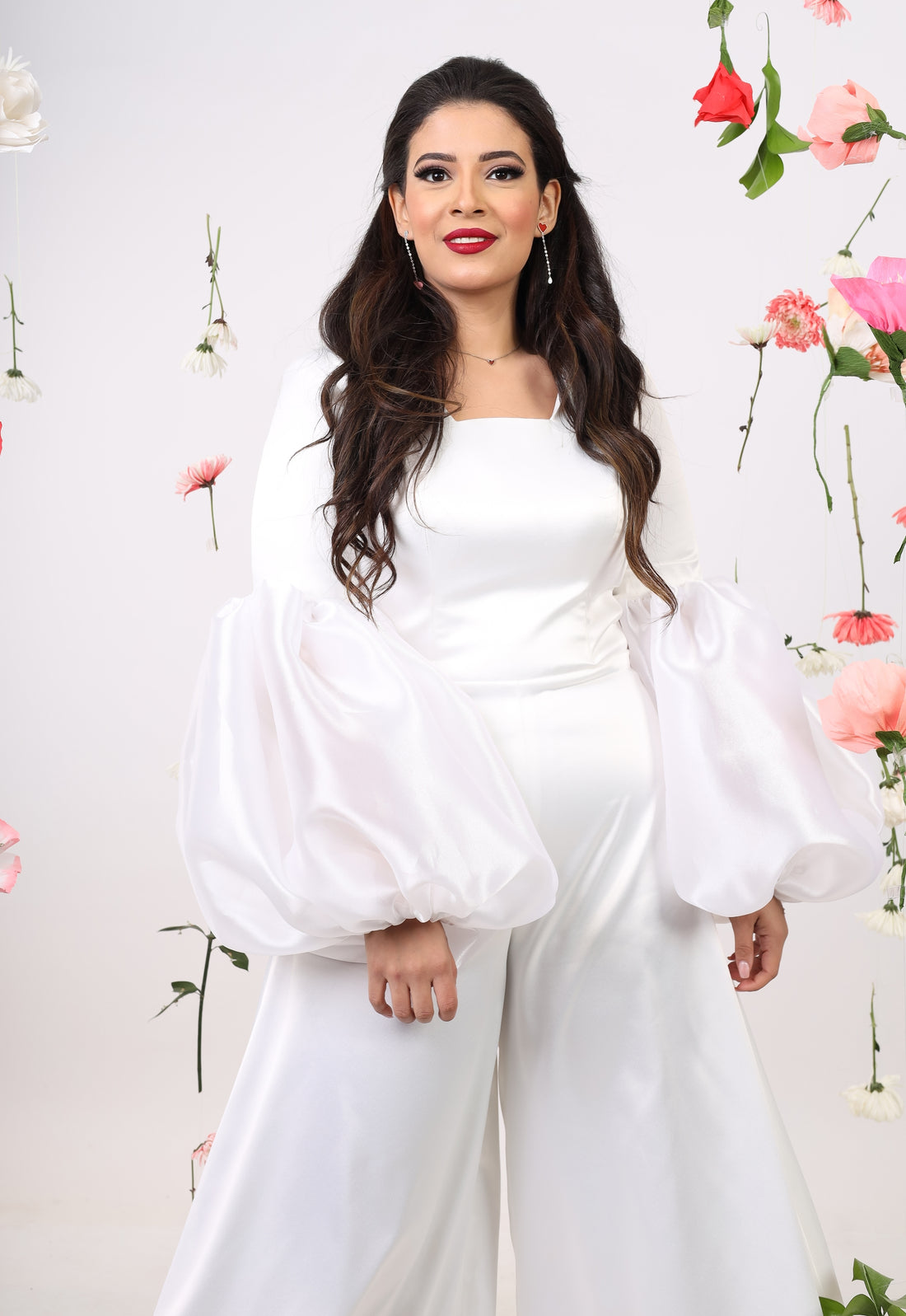 Satin Jumpsuit with puff cuff - White