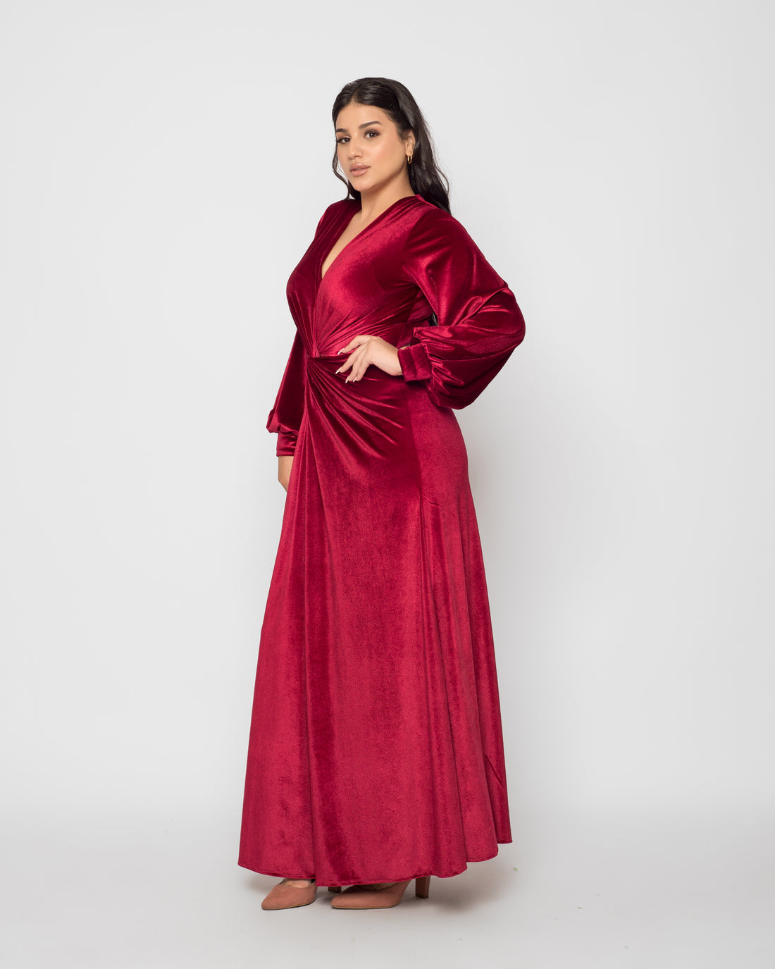 Front Twist Maxi Velvet Dress - Maroon