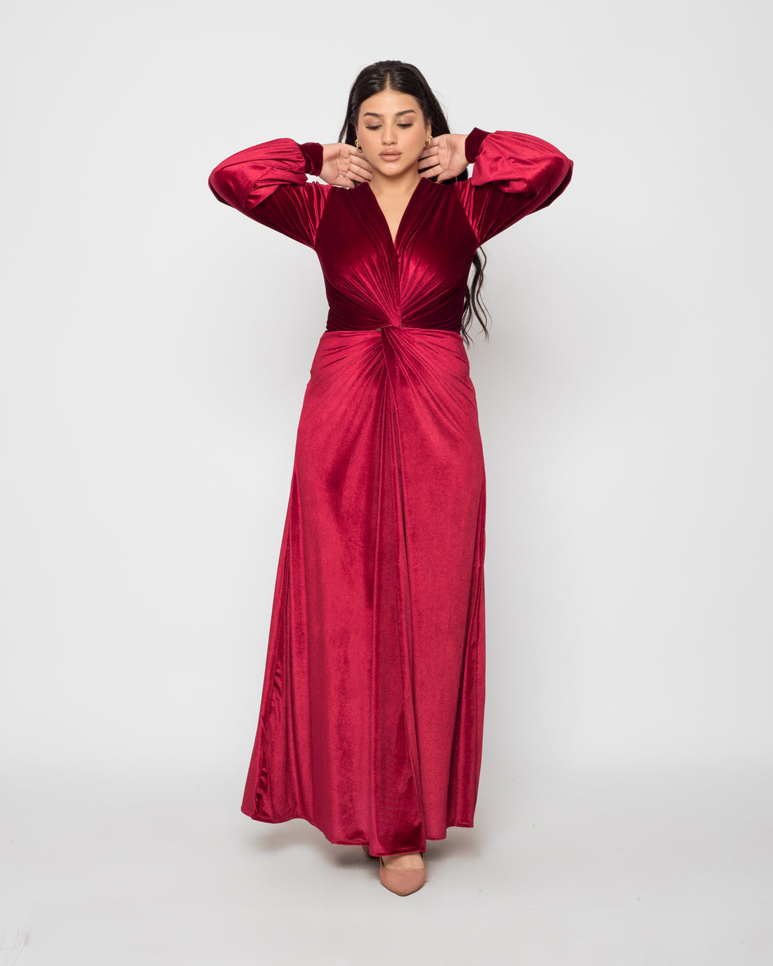 Front Twist Maxi Velvet Dress - Maroon