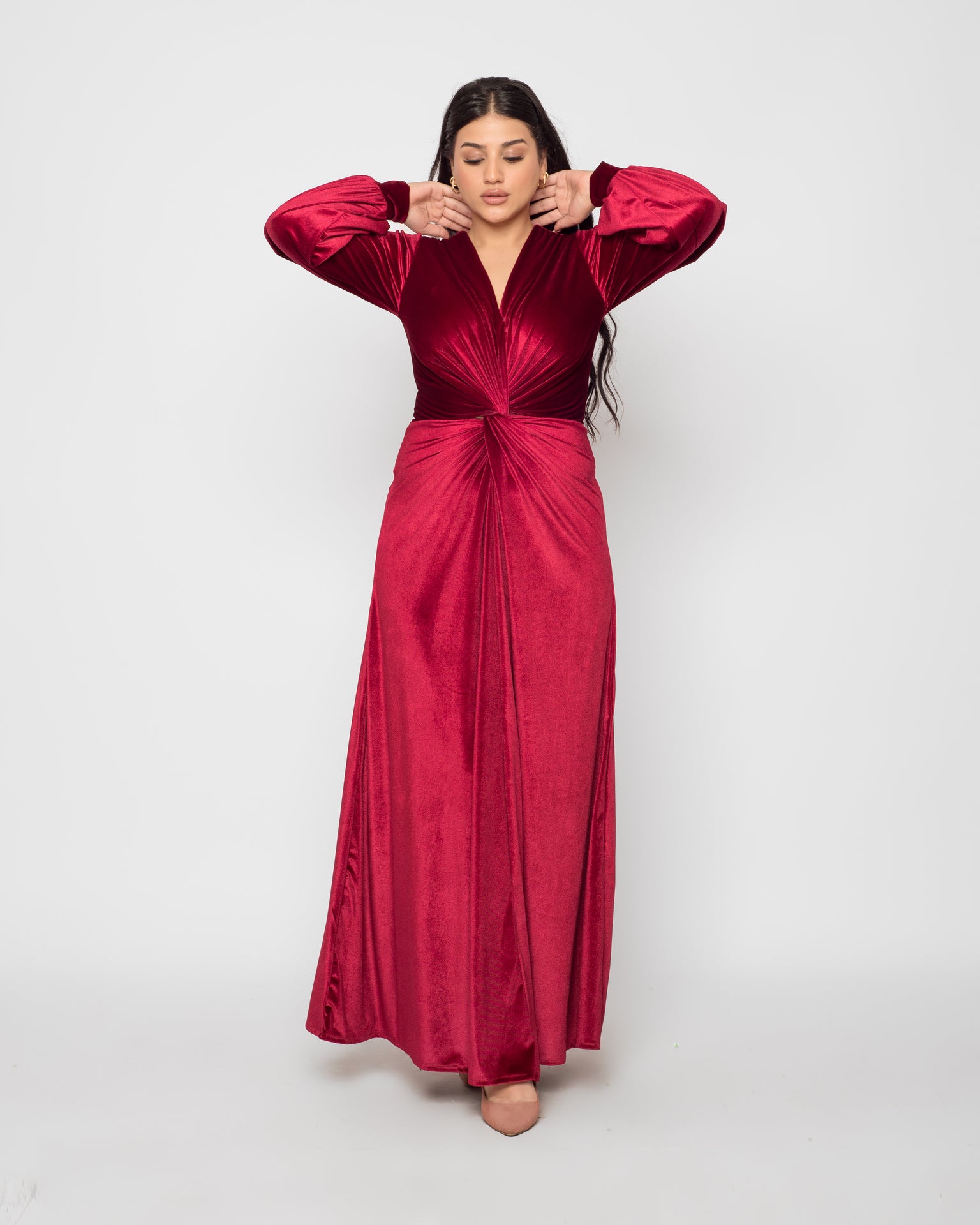 Front Twist Maxi Velvet Dress - Maroon