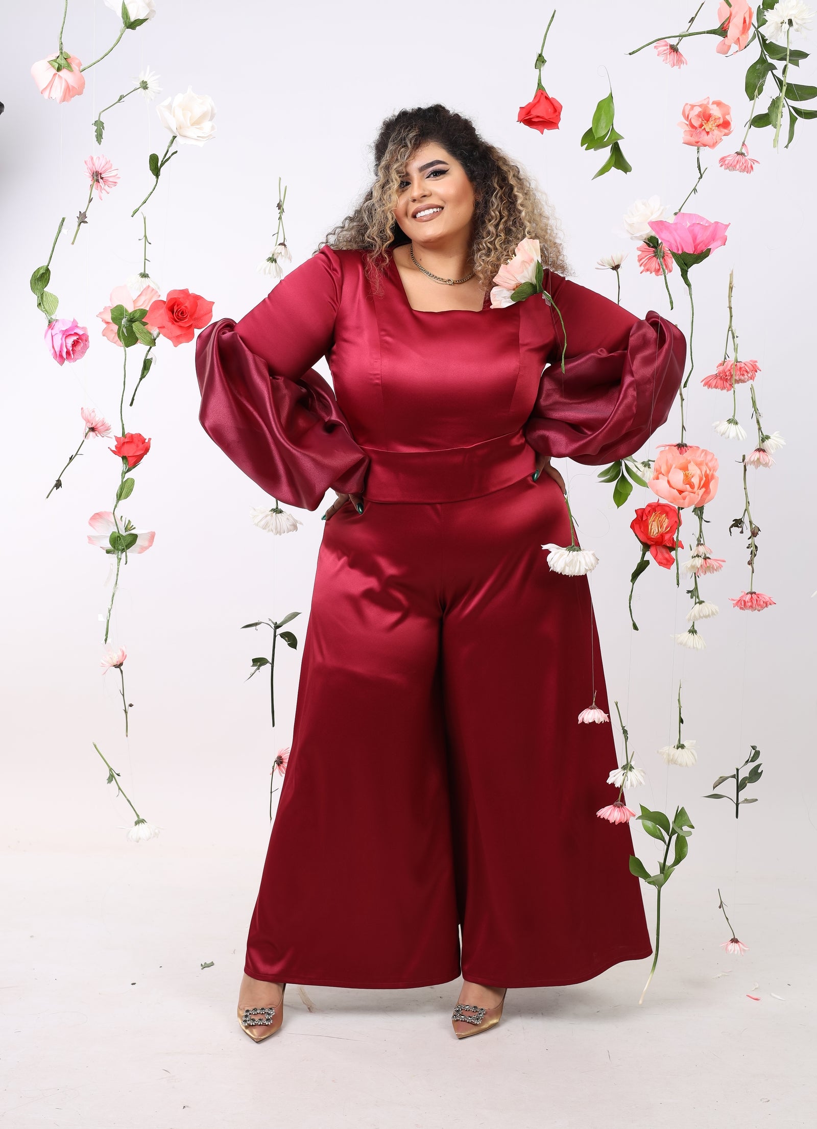 Satin Jumpsuit with puff cuff - Maroon