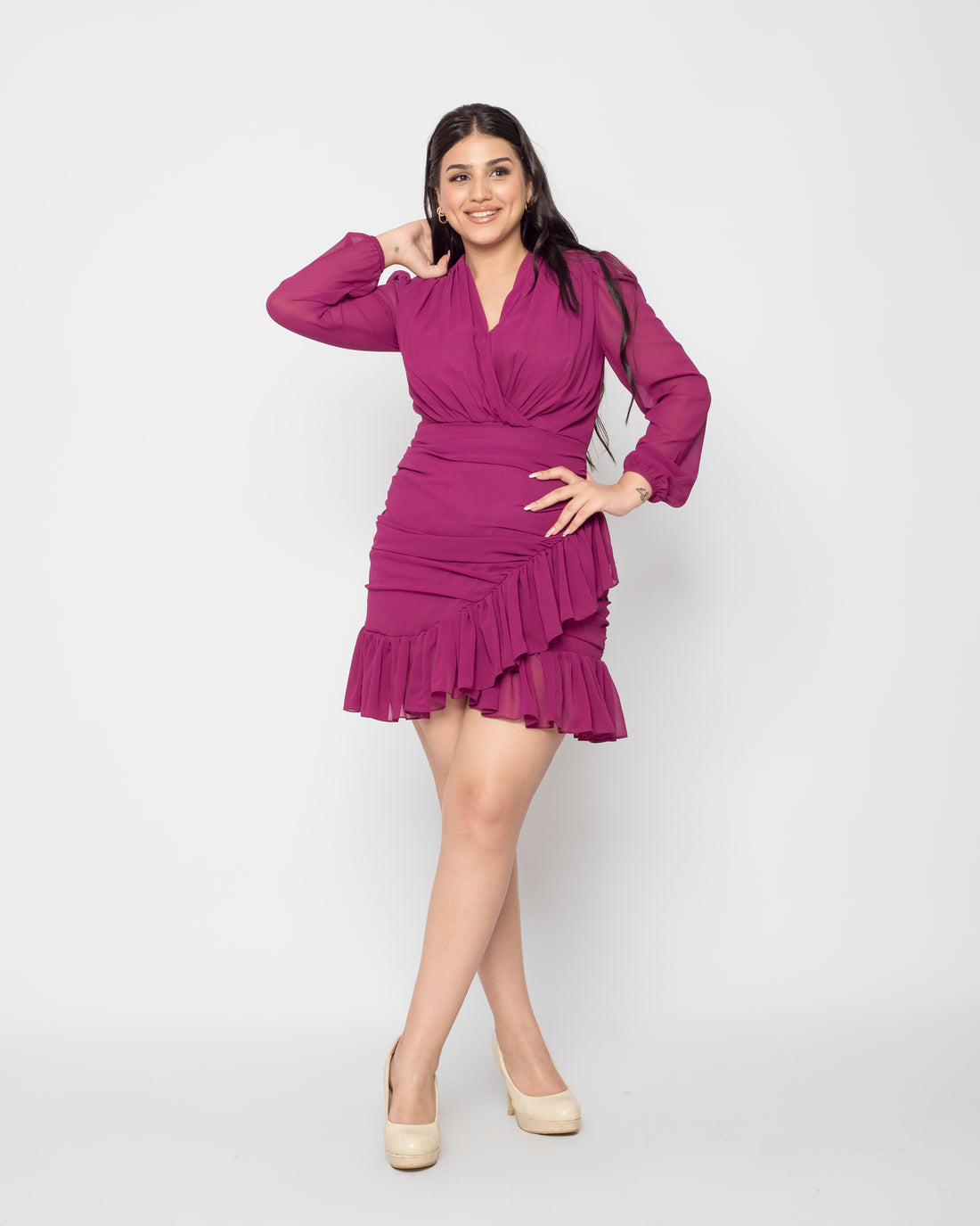 Ruffled Chiffon Dress - Magenta