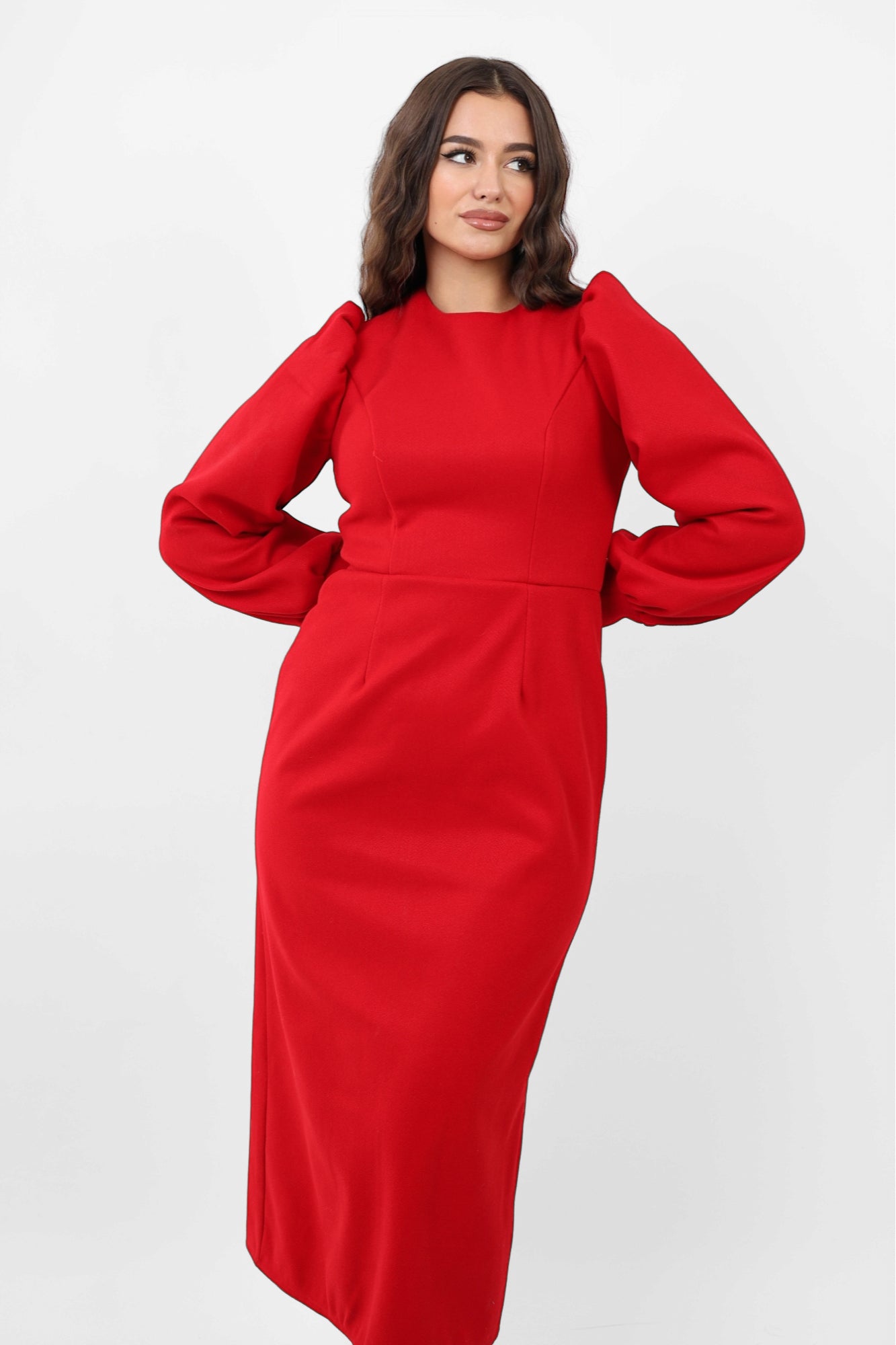 Mid calf Wool Dress With puff sleeves