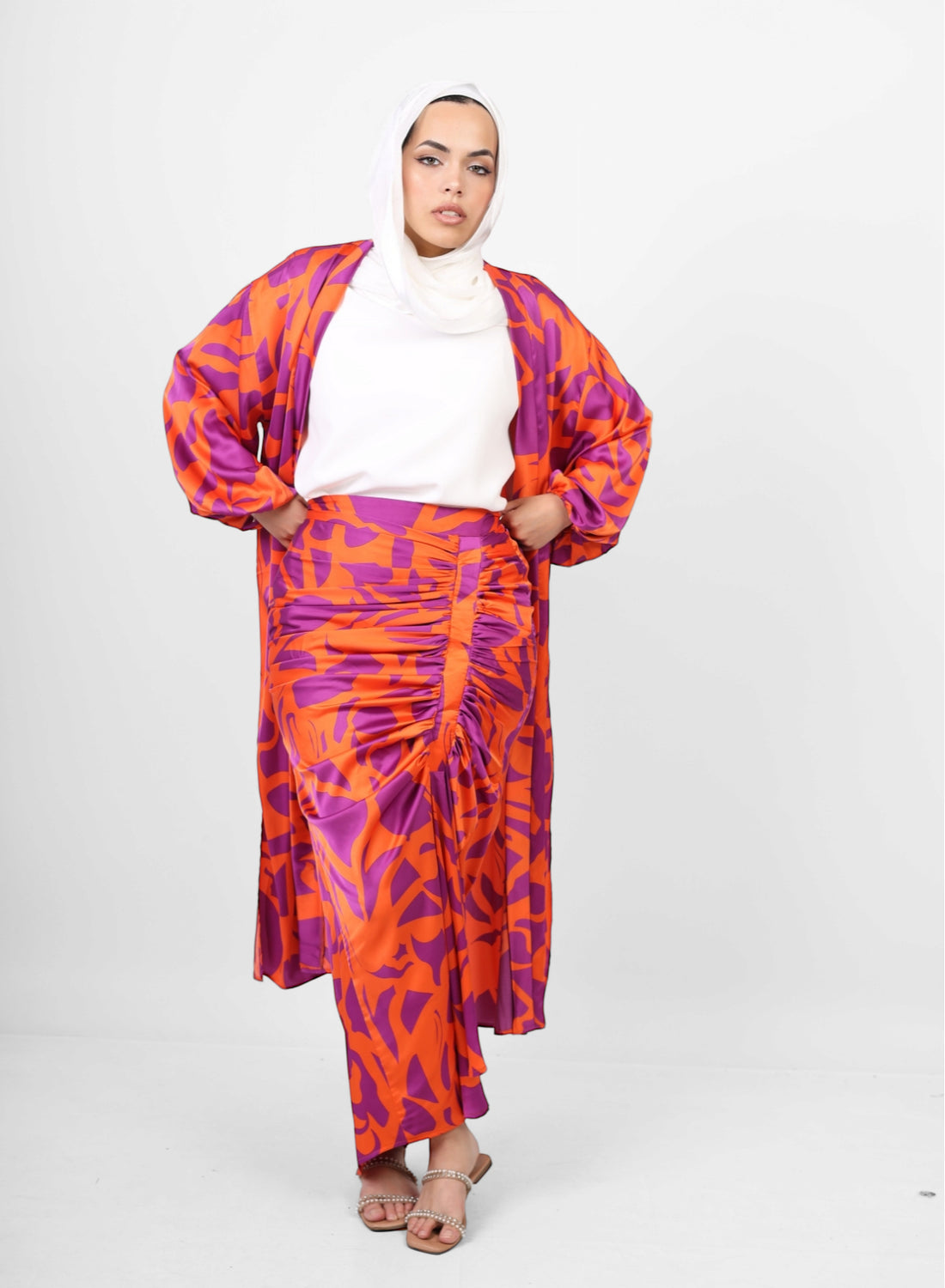 Silk ruched floral Skirt - orange