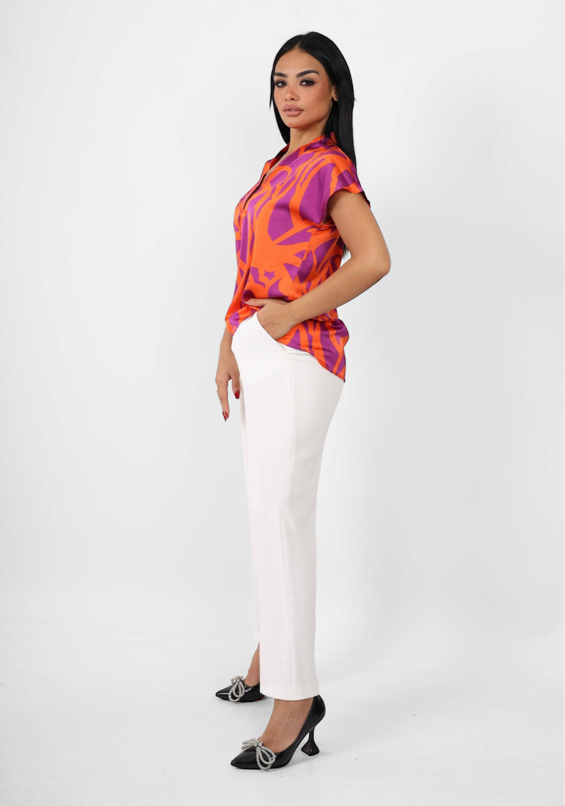 Collar neckline silk top - orange
