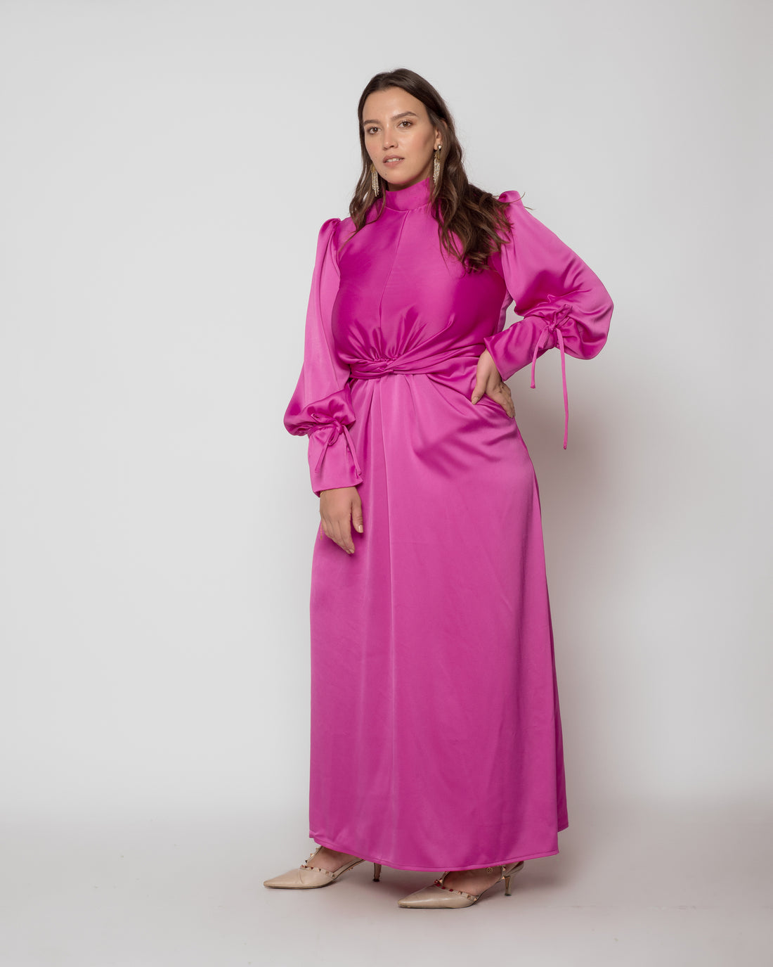 Front Twist Satin Dress - Fuschia