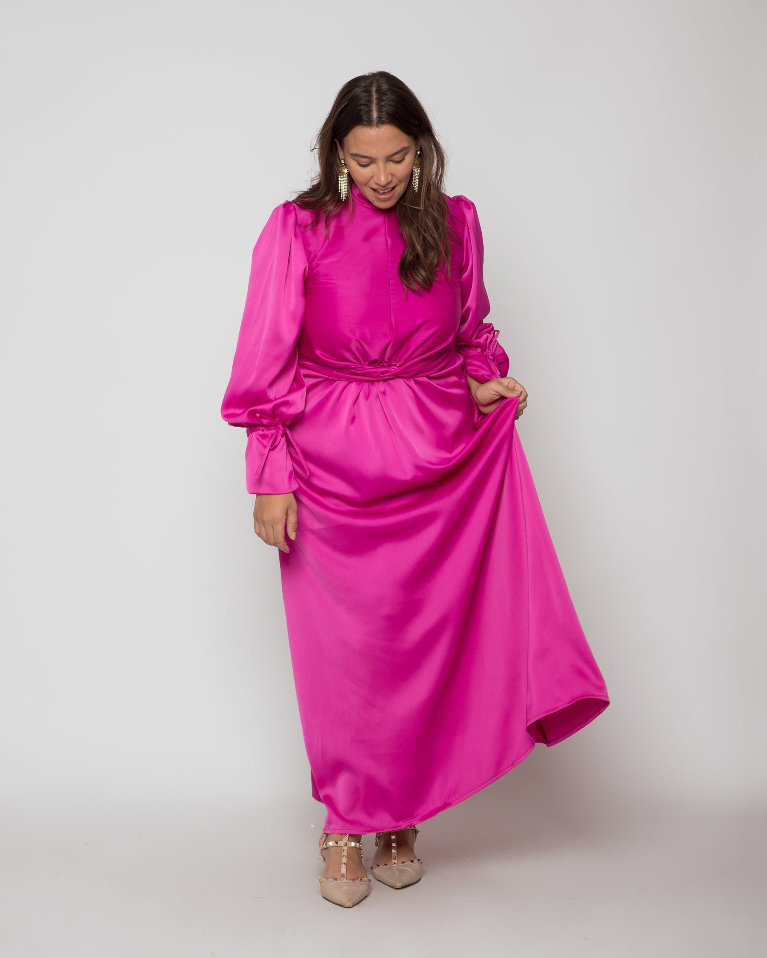 Front Twist Satin Dress - Fuschia