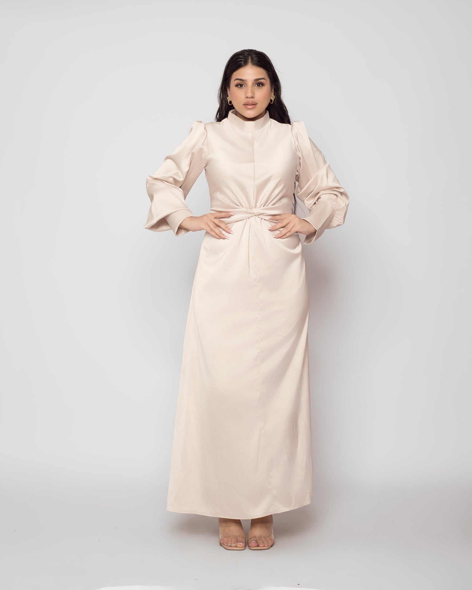 Front Twist Satin Dress - Beige