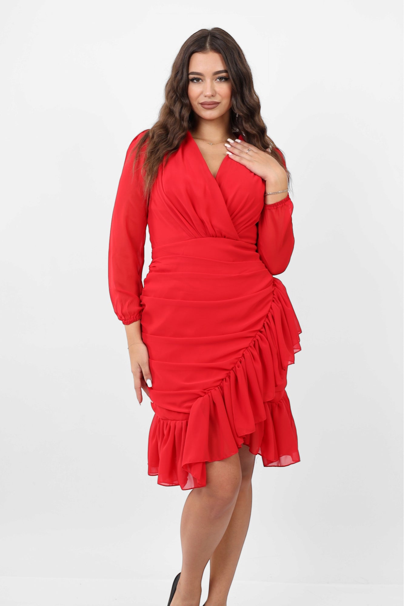 Ruffled Chiffon Dress - Red