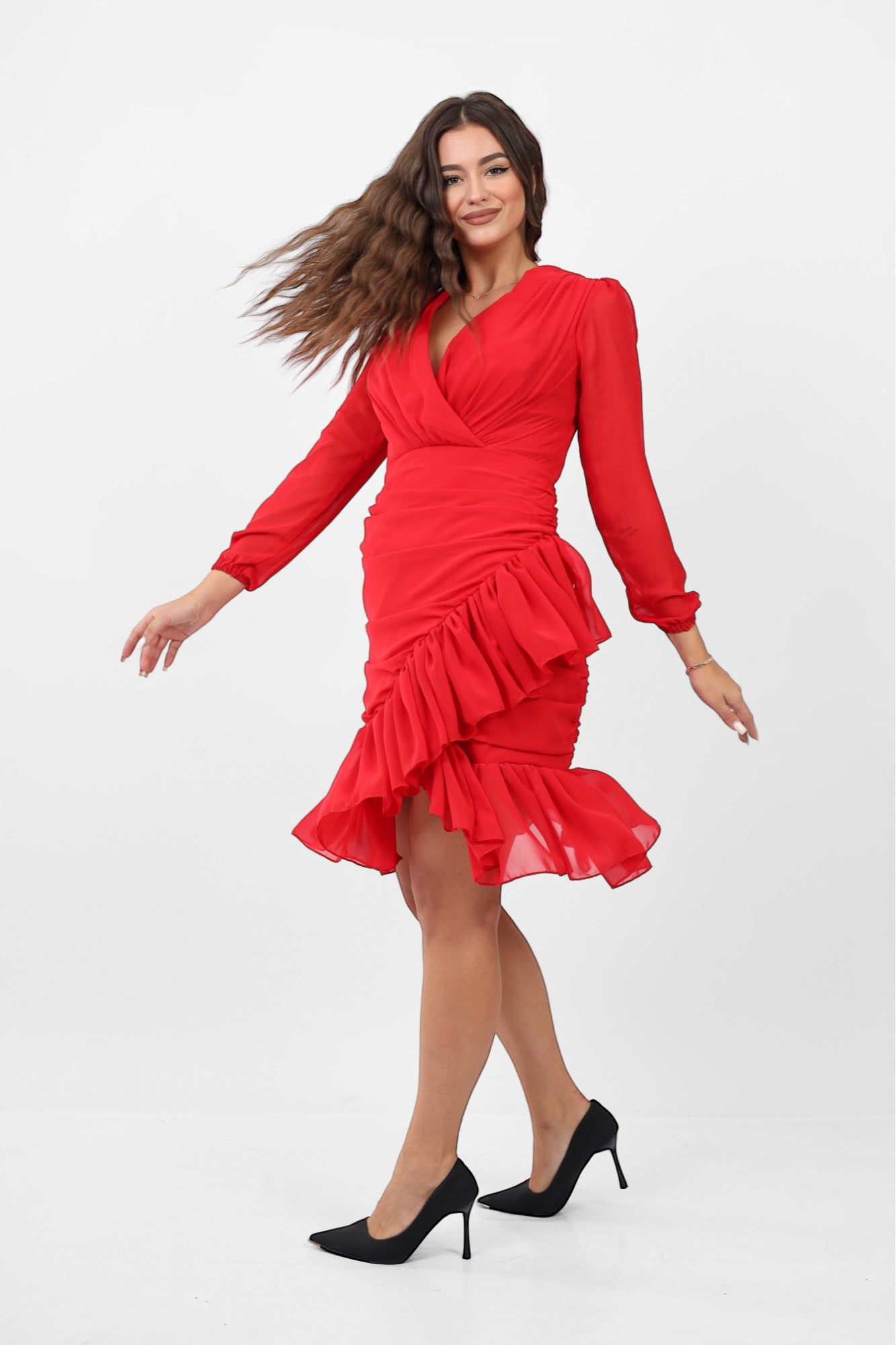 Ruffled Chiffon Dress - Red