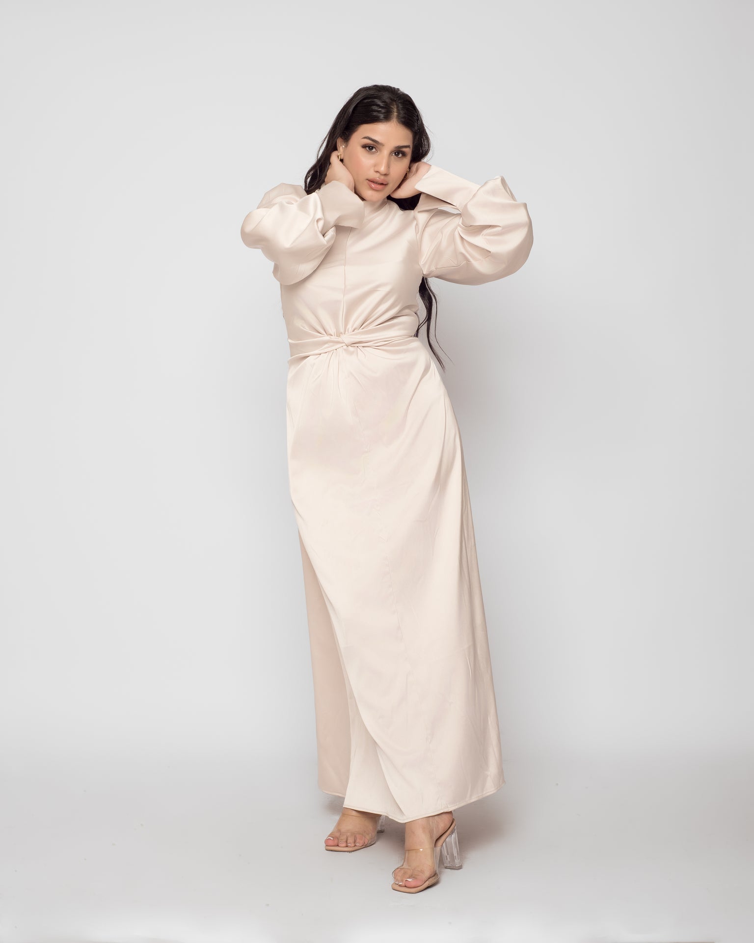 Front Twist Satin Dress - Beige