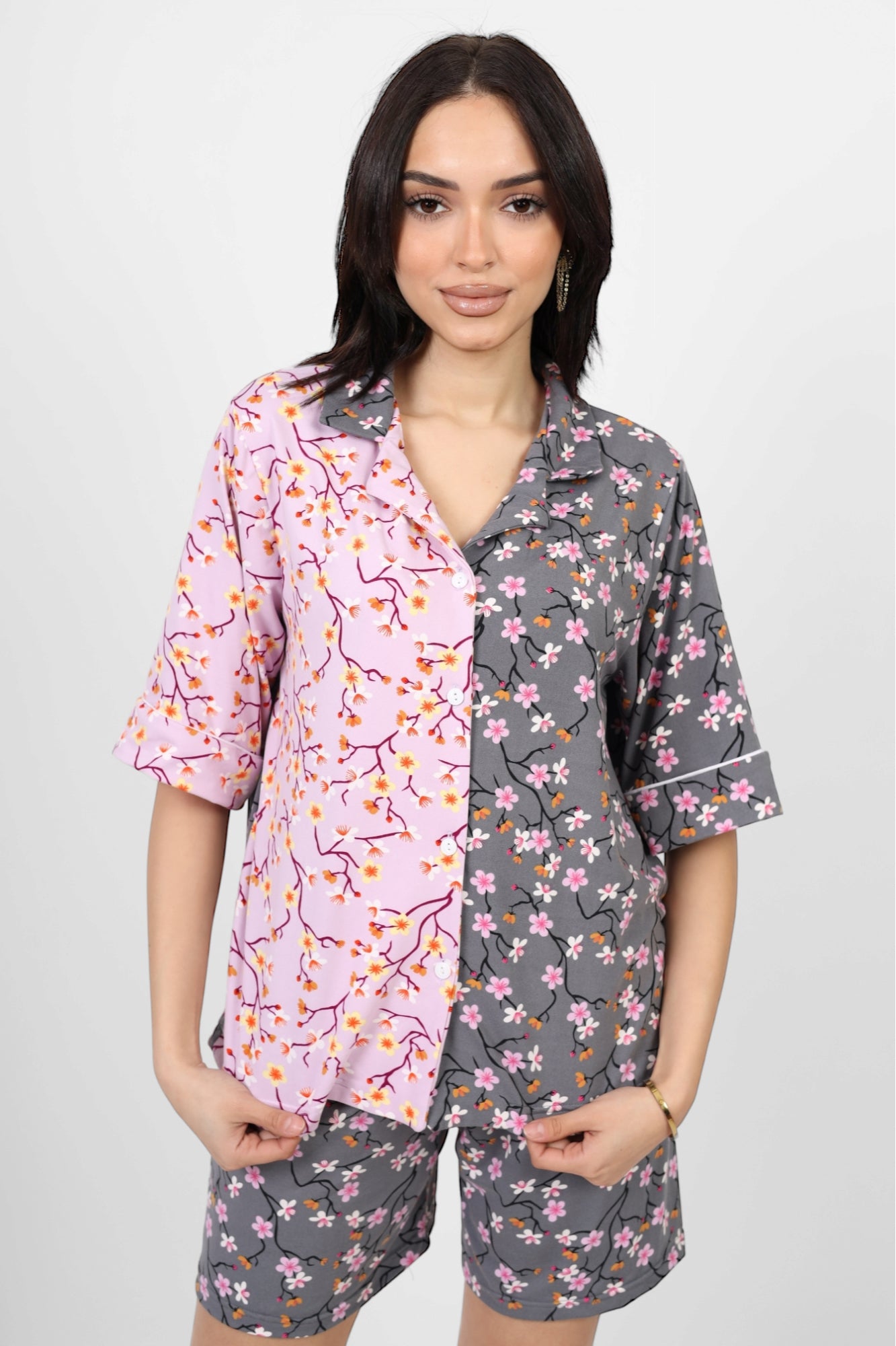 Mixed Short sleeved Pajama Set - Grey