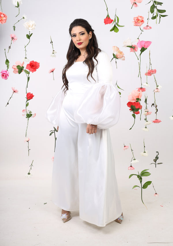 Satin Jumpsuit with puff cuff - White