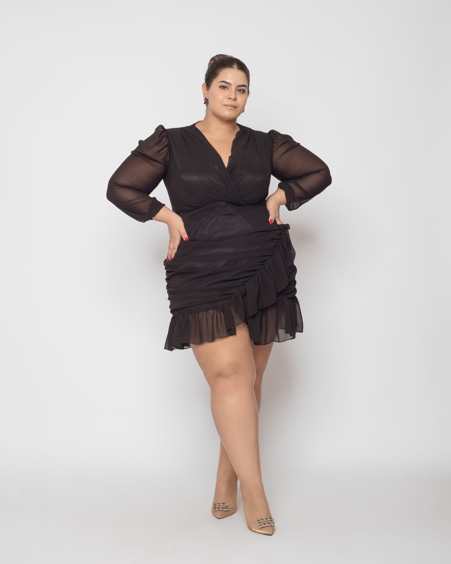 Ruffled Chiffon Dress - Black