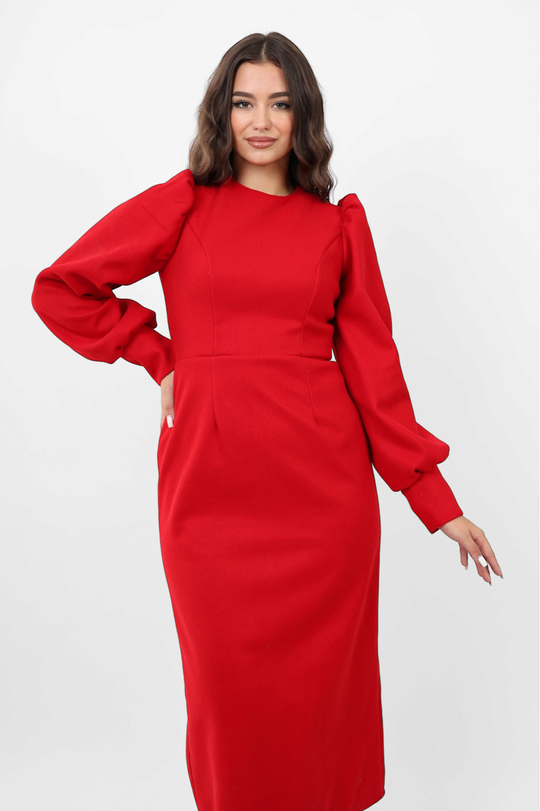 Mid calf Wool Dress With puff sleeves