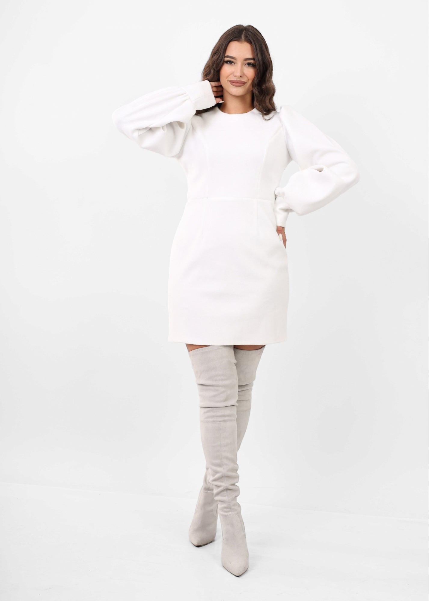 Midi Wool Dress With puff sleeves - White