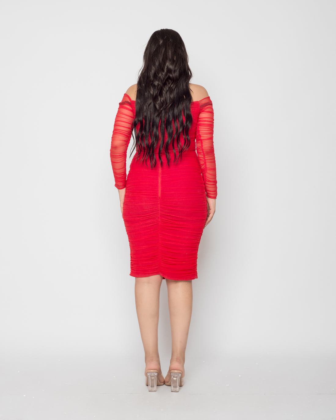 Ruched Tulle Midi Dress - Red