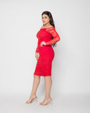 Ruched Tulle Midi Dress - Red