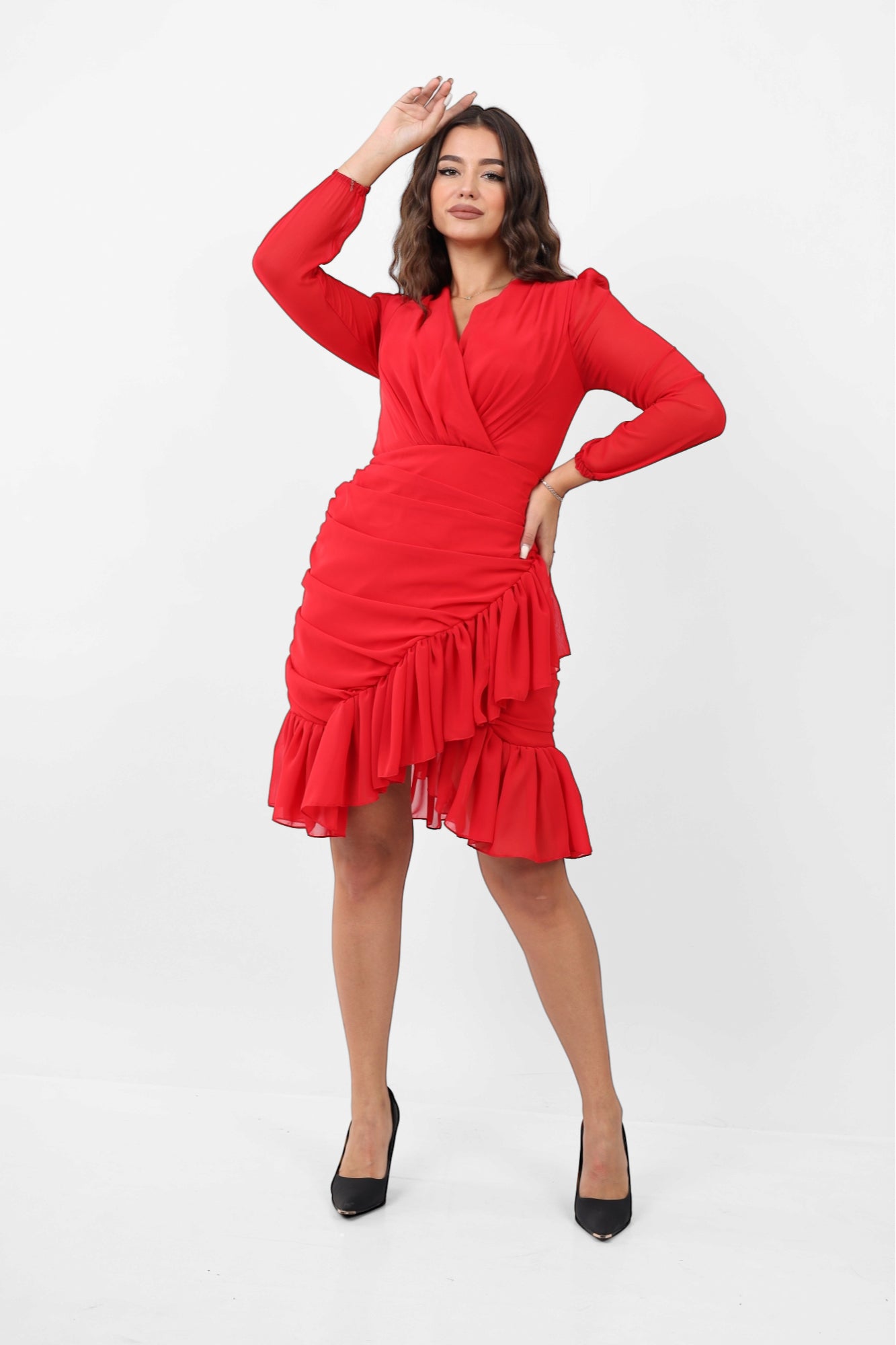 Ruffled Chiffon Dress - Red
