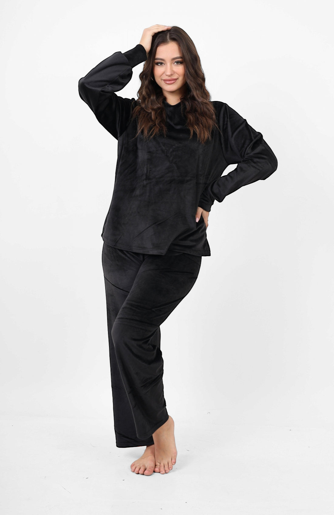 Night pjs with fleece backing set - Black