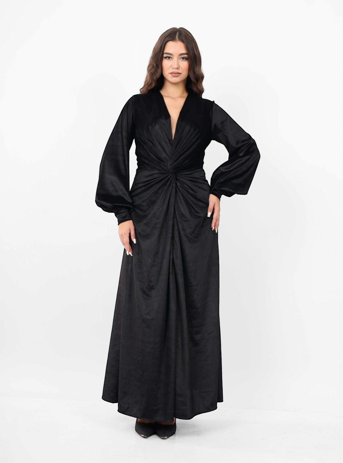 Front Twist Maxi Velvet Dress -Black