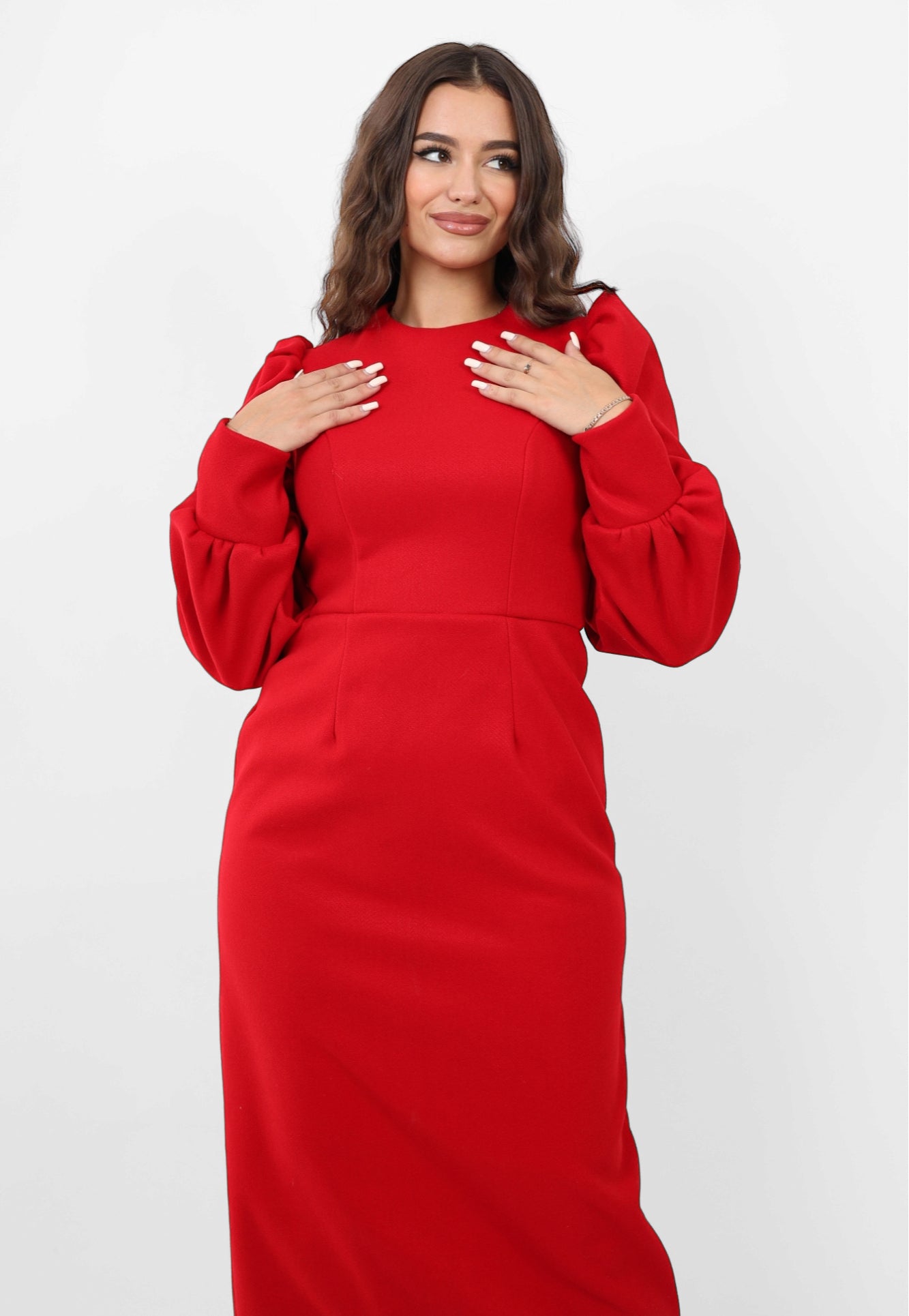 Mid calf Wool Dress With puff sleeves
