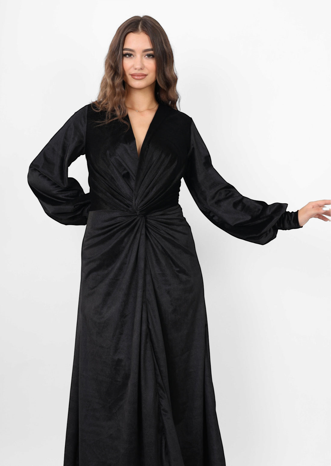 Front Twist Maxi Velvet Dress -Black