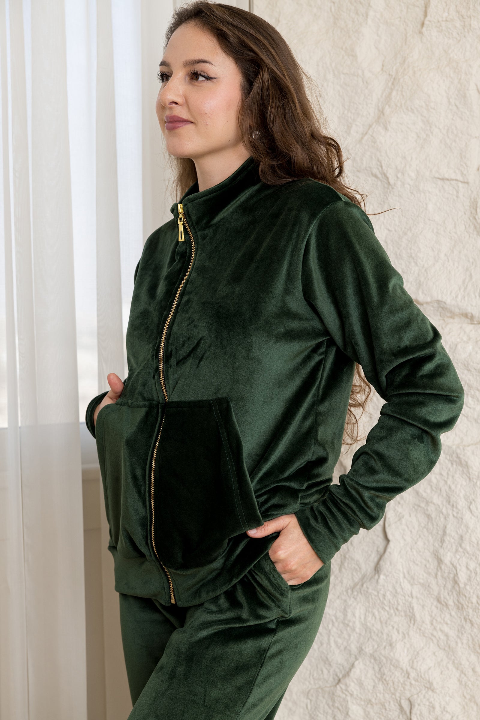 Velvet Zip-Up Lounge Set - Emerald Green
