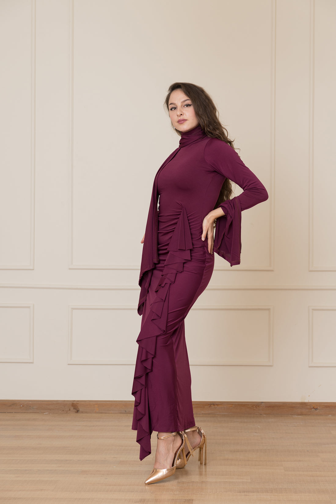 Ruffled Full Stretch Dress - Maroon