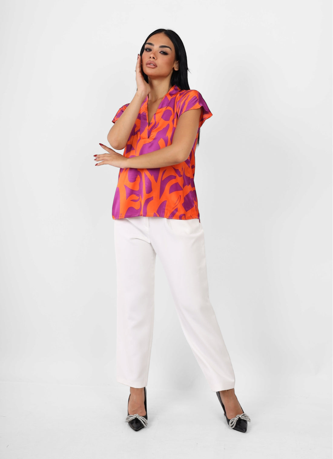 Collar neckline silk top - orange