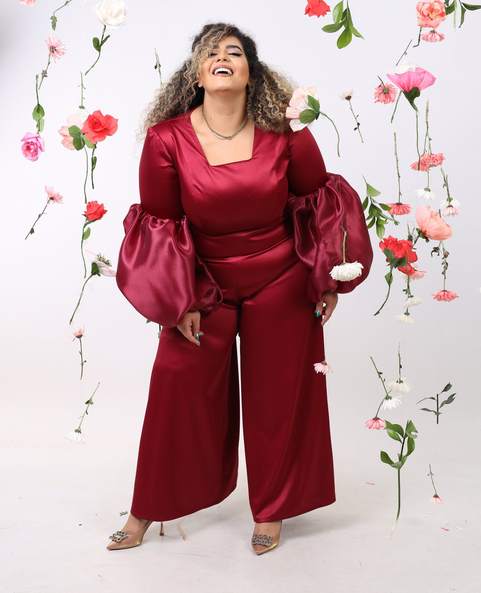 Satin Jumpsuit with puff cuff - Maroon