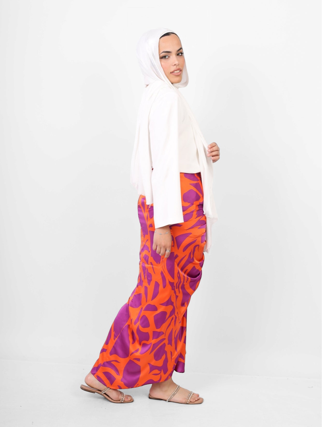 Silk ruched floral Skirt - orange