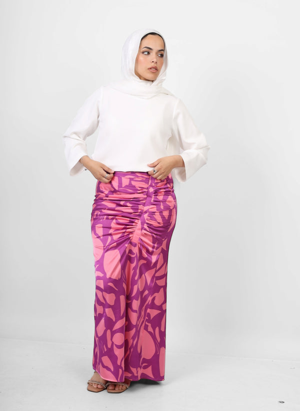 Silk ruched floral Skirt - Pink