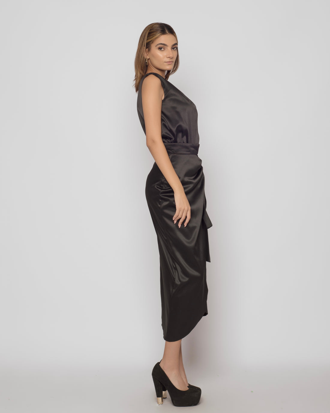 The Royal 2 piece Chiffon Satin wrap dress - Black