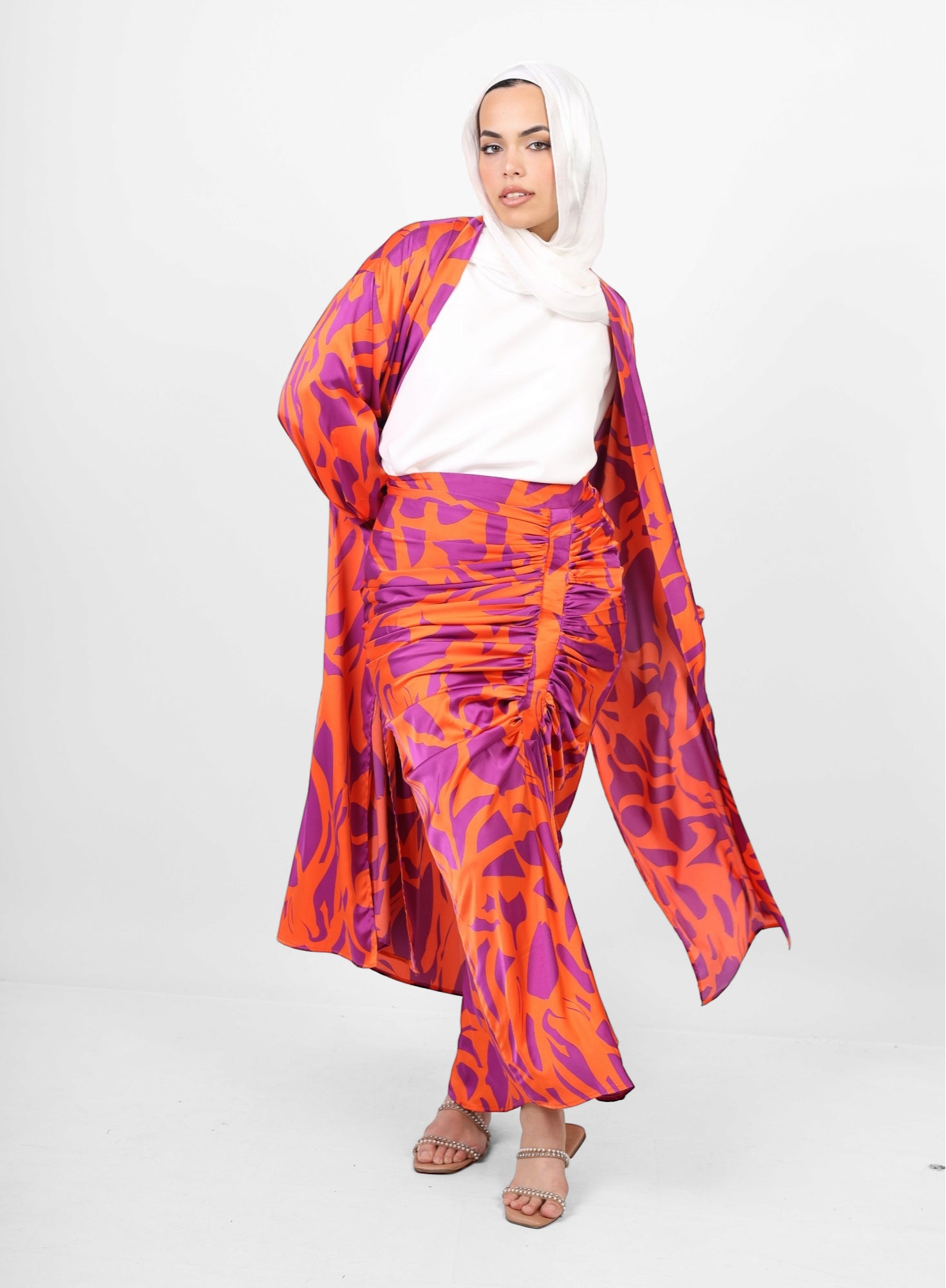 Silk ruched floral Skirt - orange
