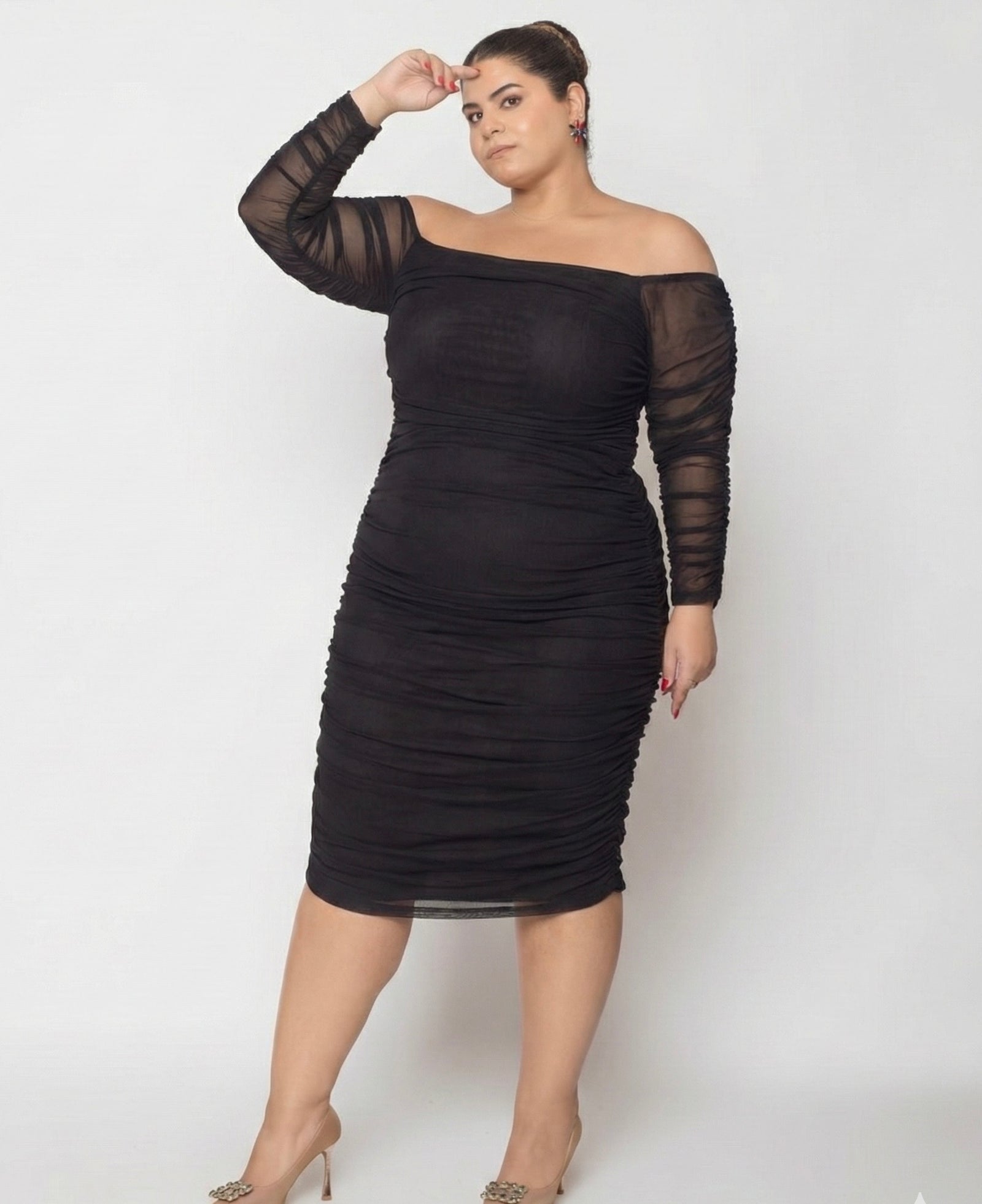 All black Ruched Tulle Midi Dress