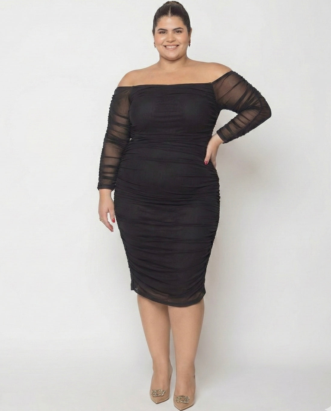 All black Ruched Tulle Midi Dress