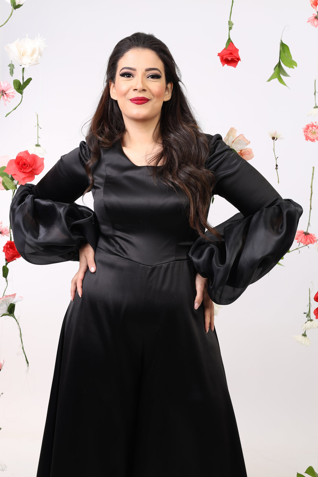 Satin Jumpsuit with puff cuff - black