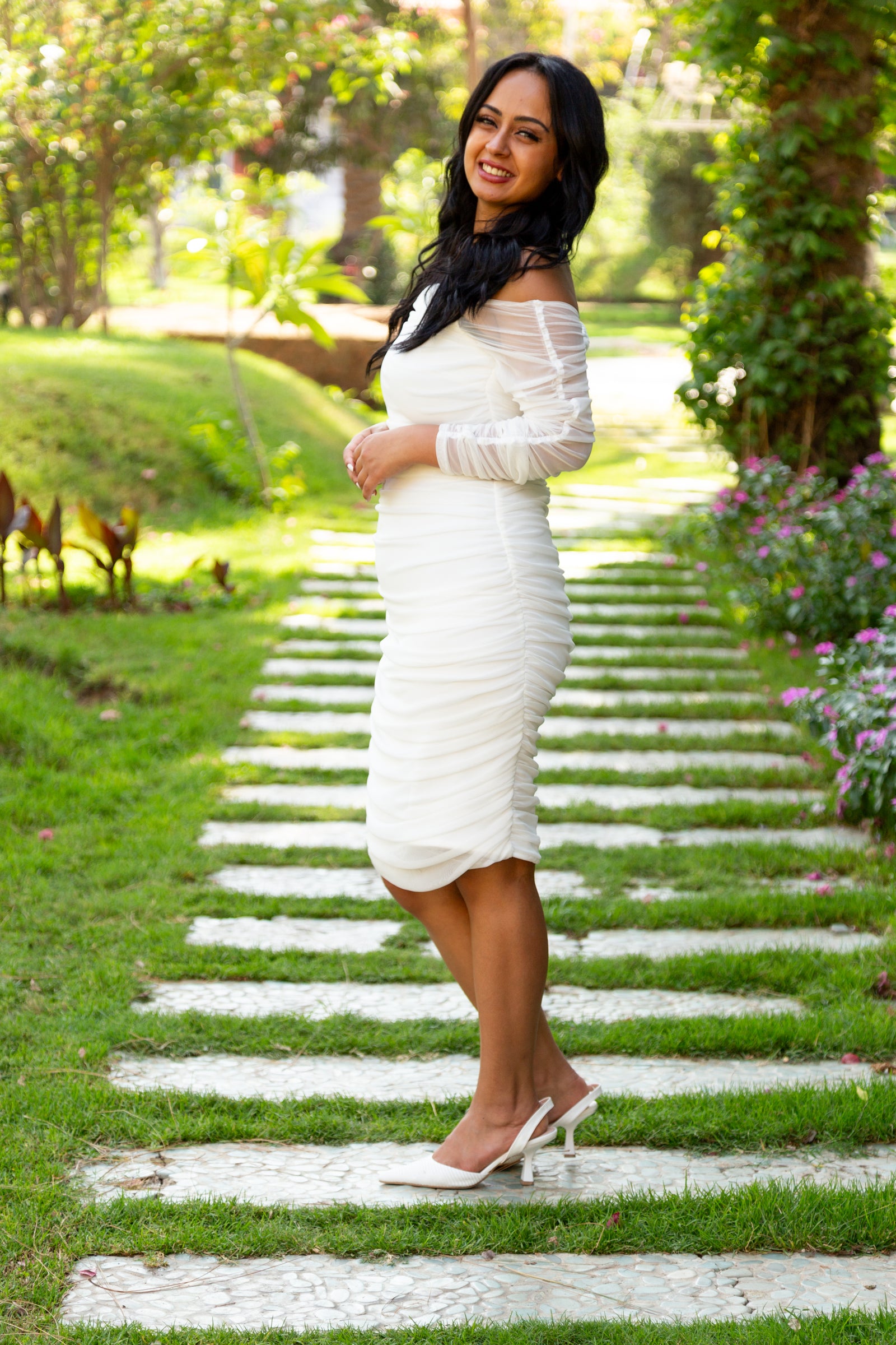 Ruched Tulle Midi Dress - White