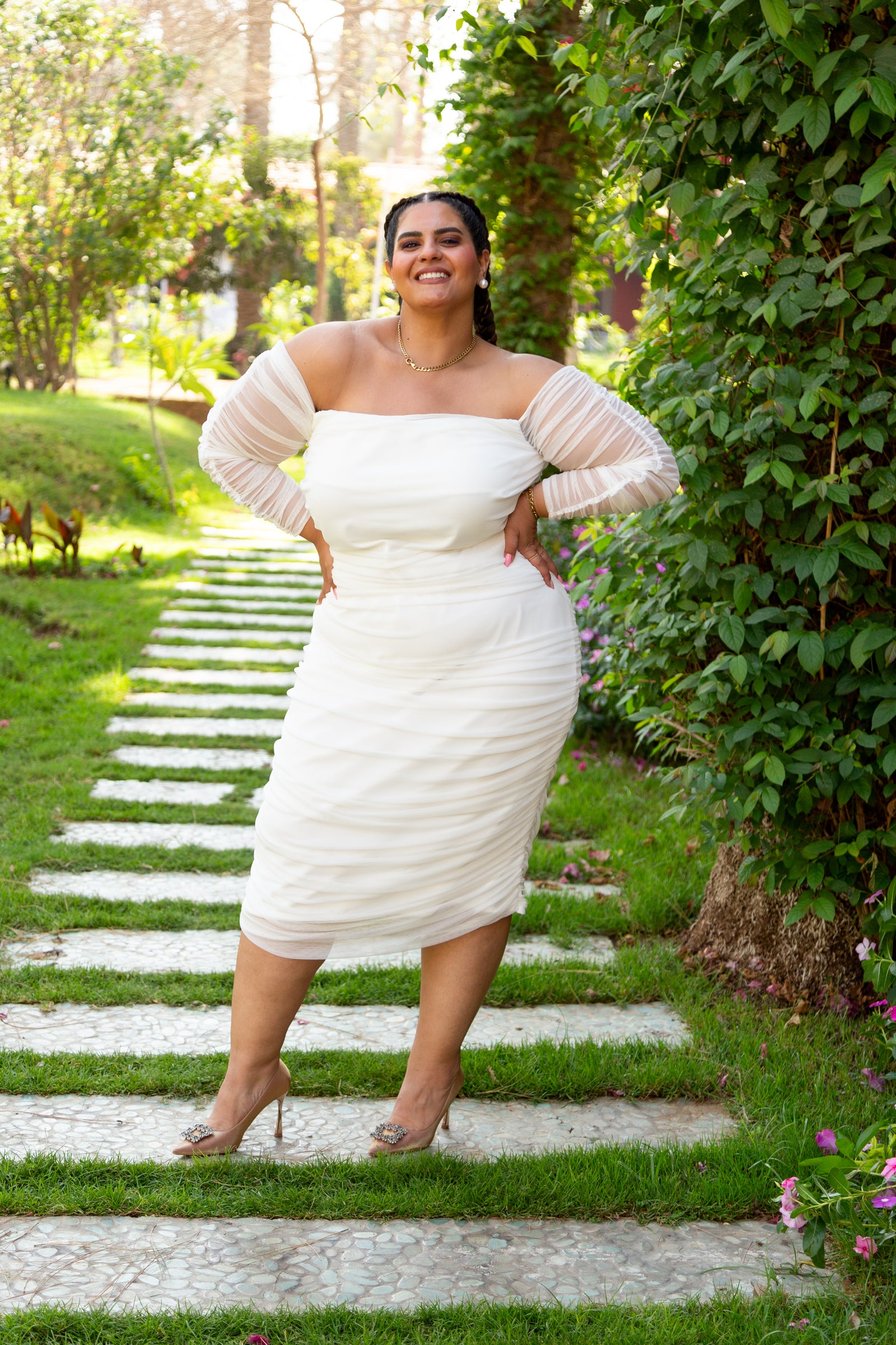 Ruched Tulle Midi Dress - White