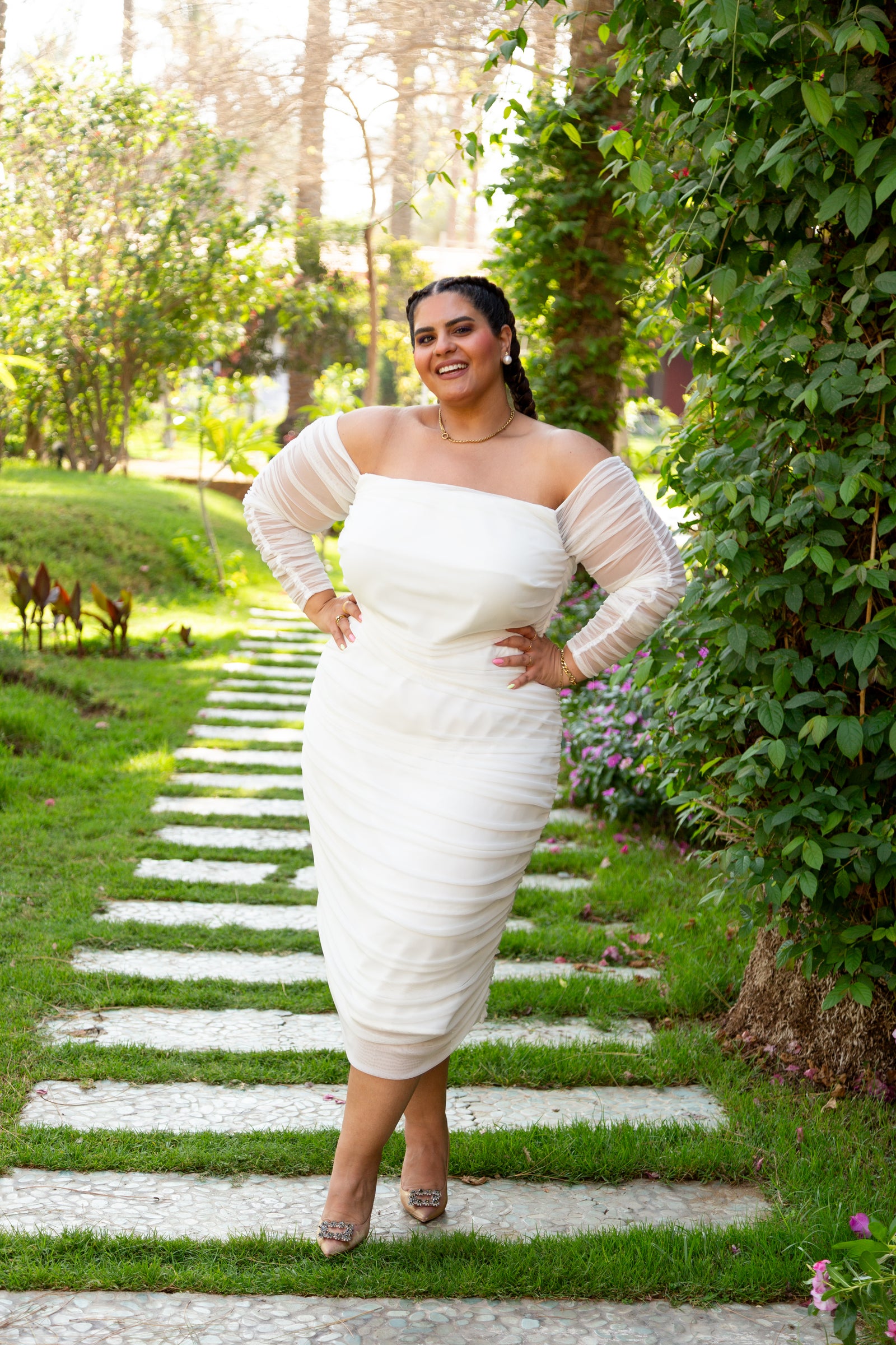 Ruched Tulle Midi Dress - White