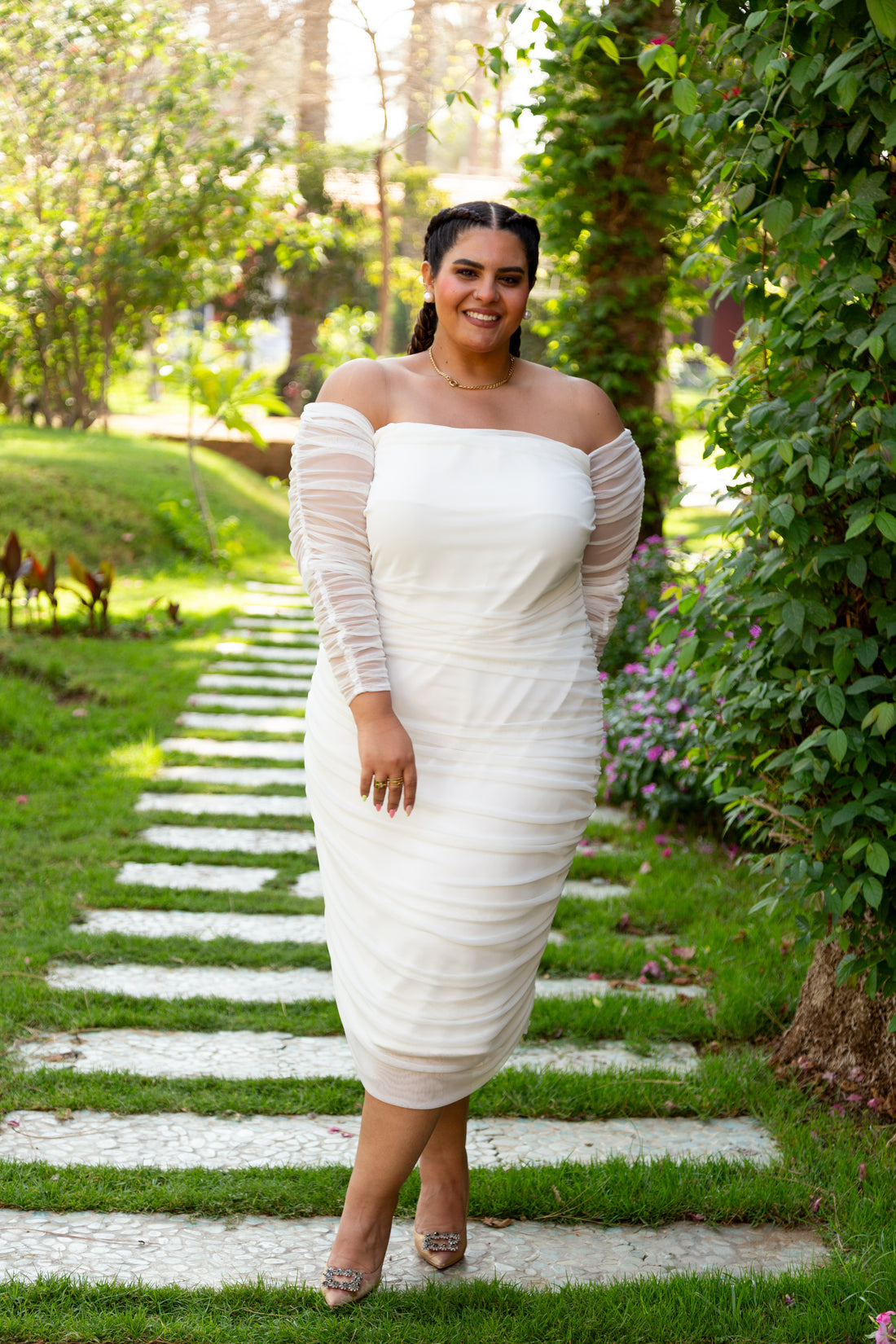 Ruched Tulle Midi Dress - White