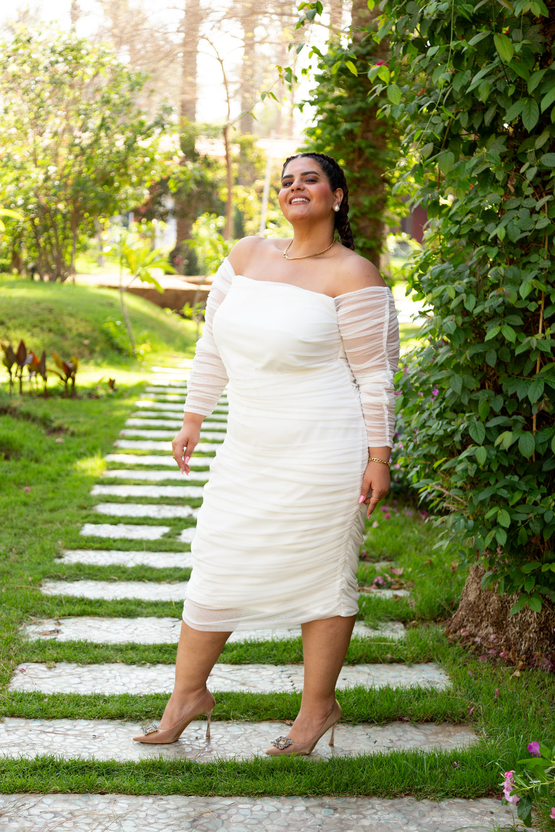 Ruched Tulle Midi Dress - White
