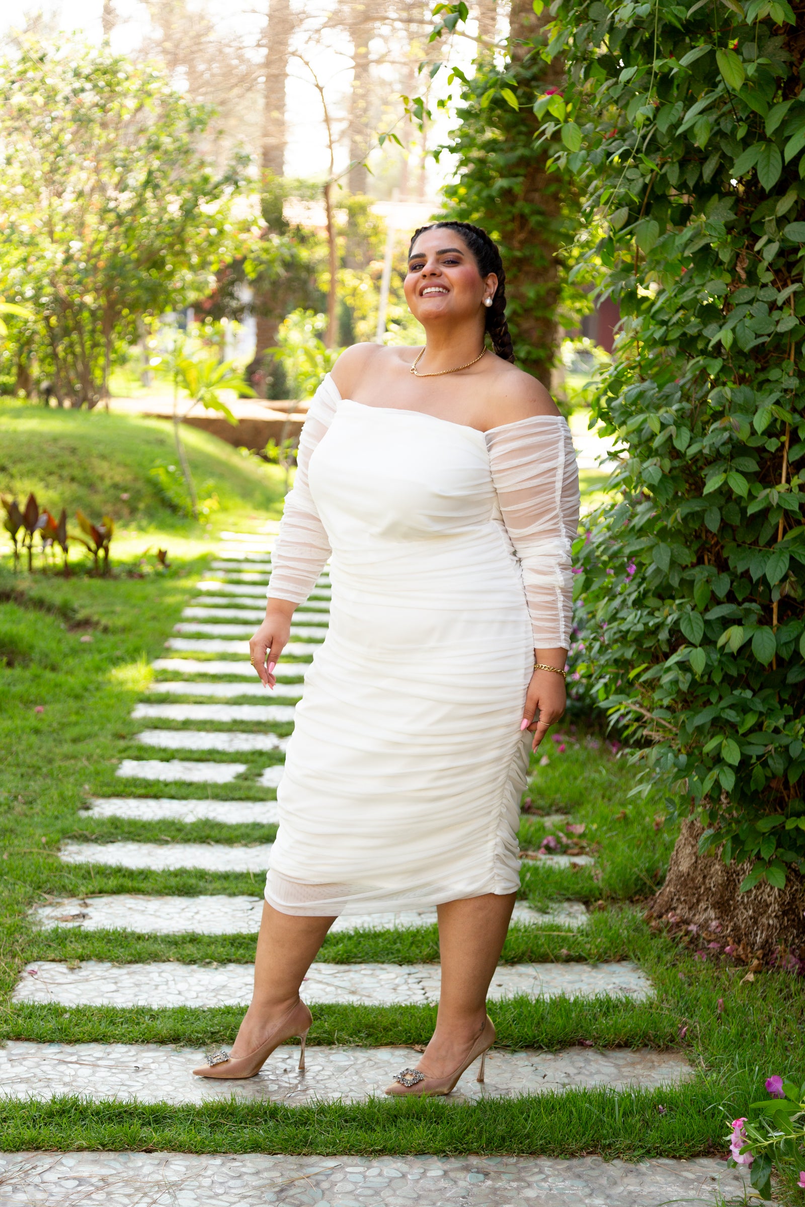 Ruched Tulle Midi Dress - White